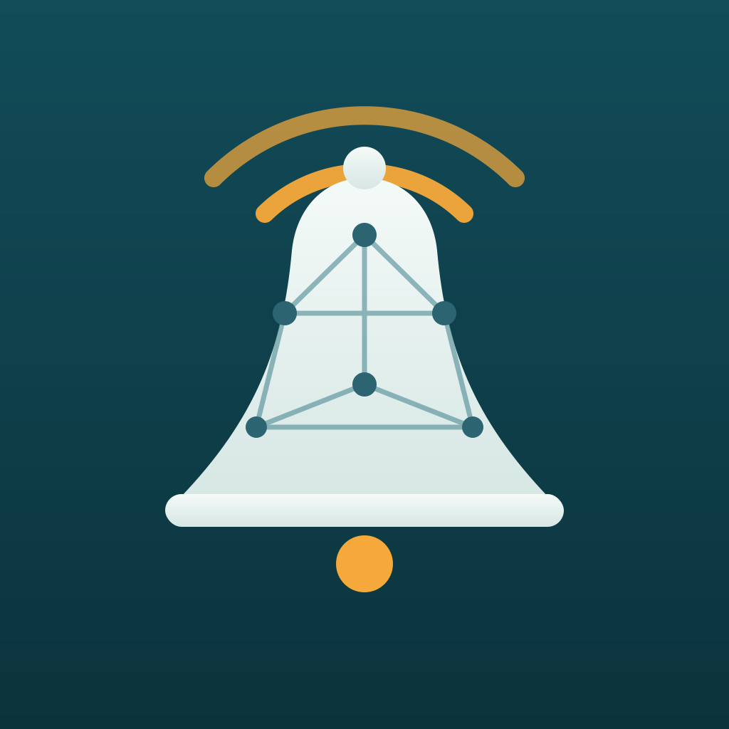 L'icône de l'application Meshbell : une cloche tissée à partir d'un réseau de nœuds, émettant un signal.