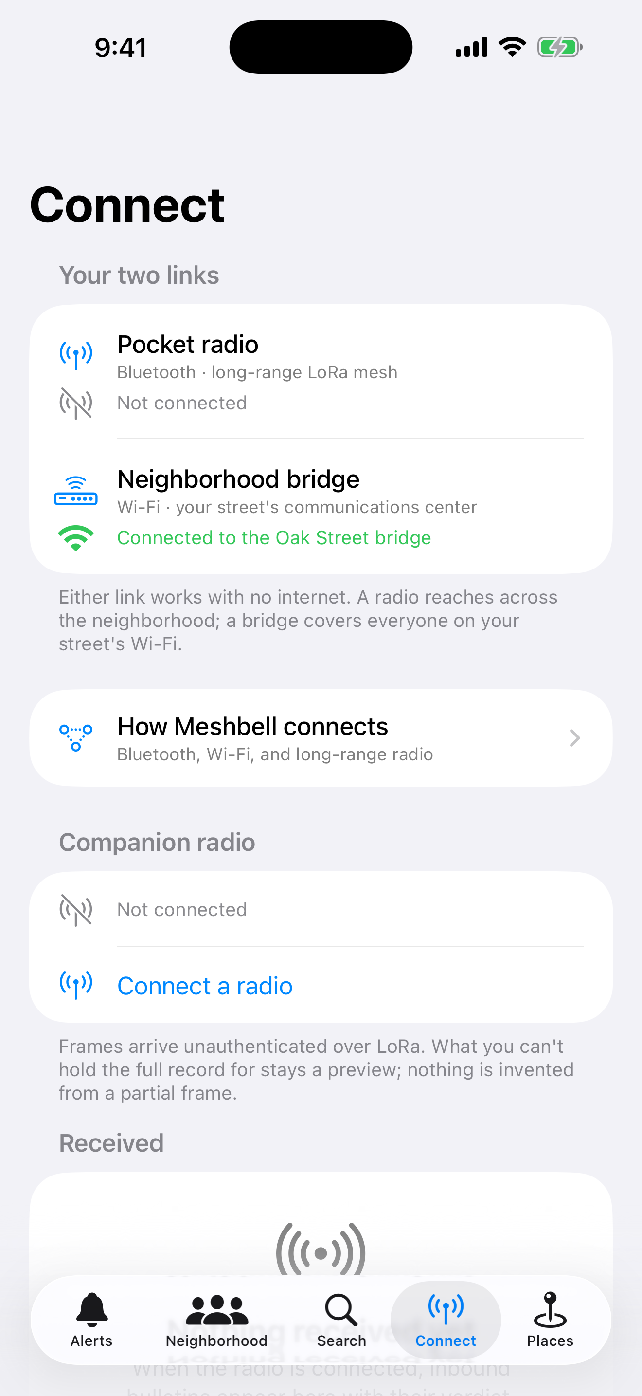 The Connect tab: the phone's two links, Bluetooth to a pocket radio and Wi-Fi to a neighborhood bridge, with inbound bulletins listed under their verdicts.