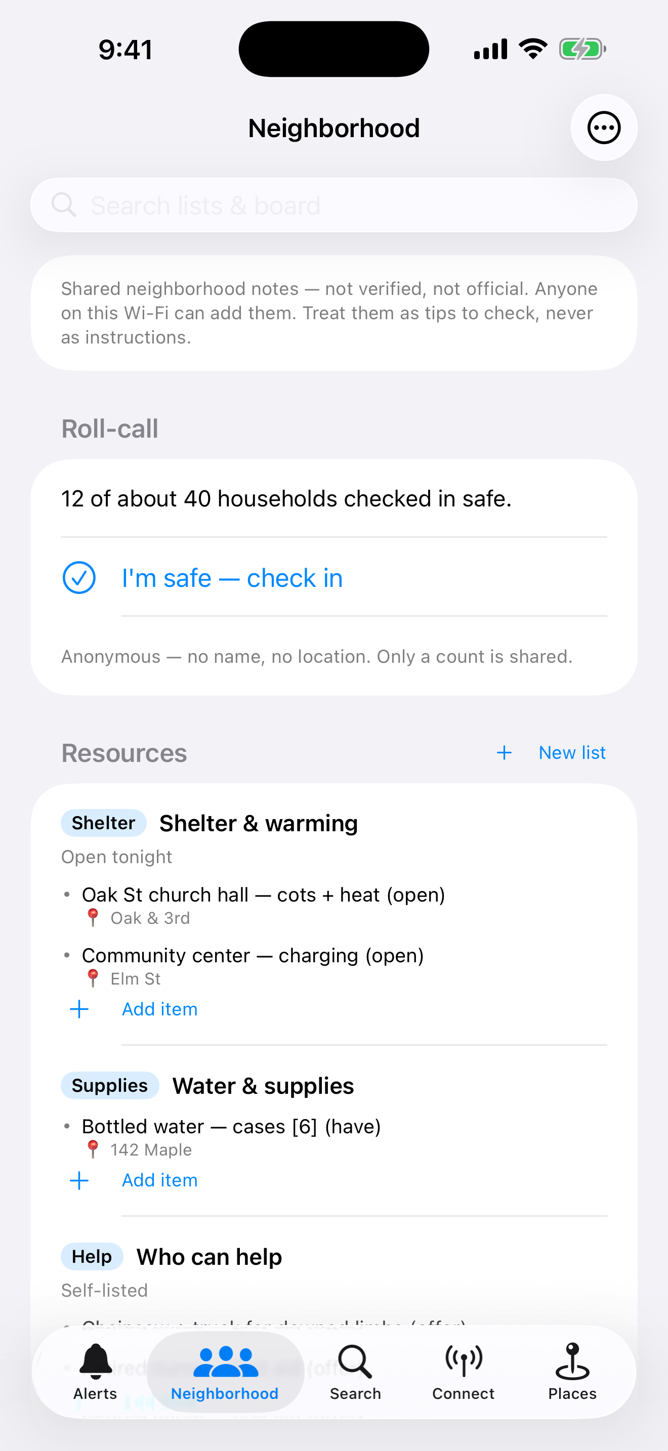 The Neighborhood tab: an anonymous safe roll-call count, shared resource lists, and a message board.