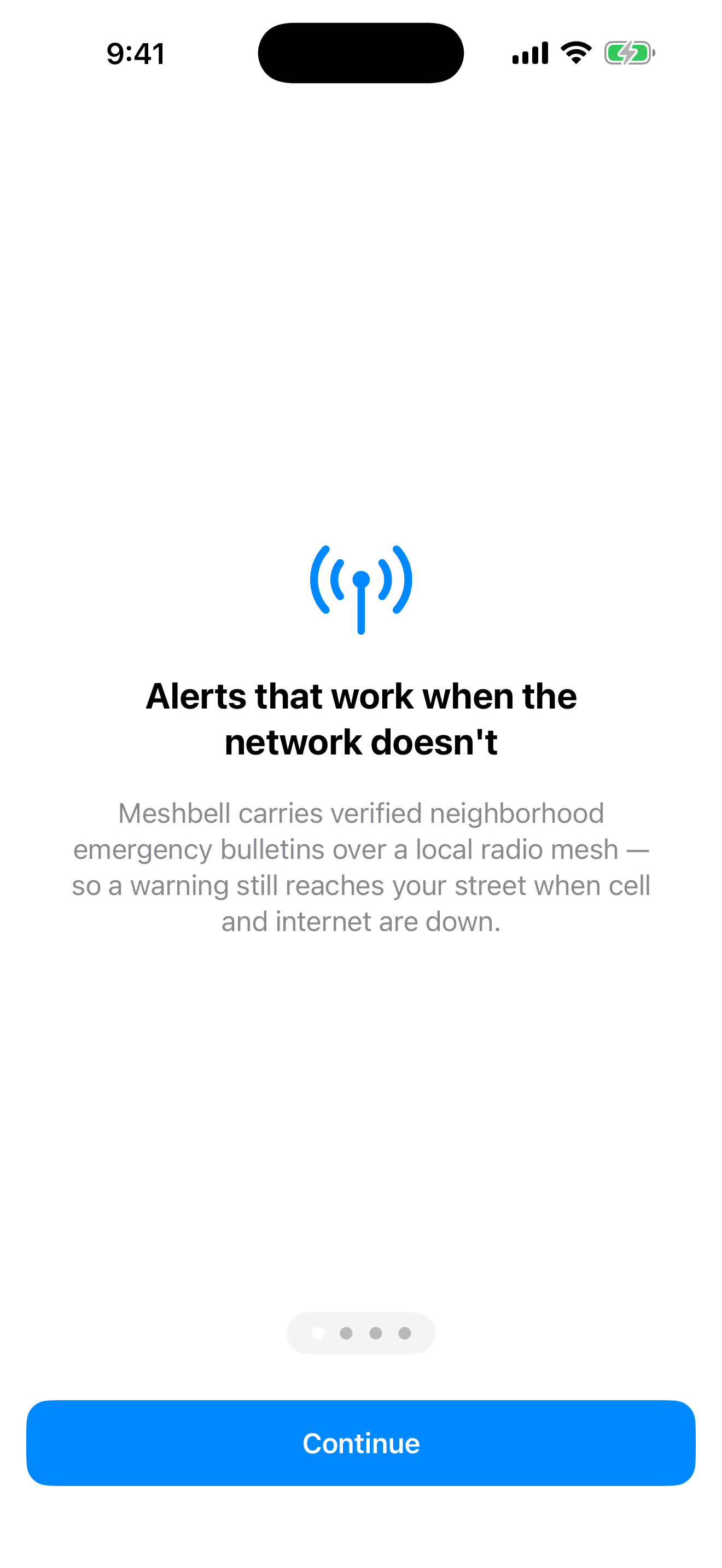 Première prise en main de Meshbell : « Des alertes qui fonctionnent quand le réseau ne fonctionne plus », avec une icône d'antenne.