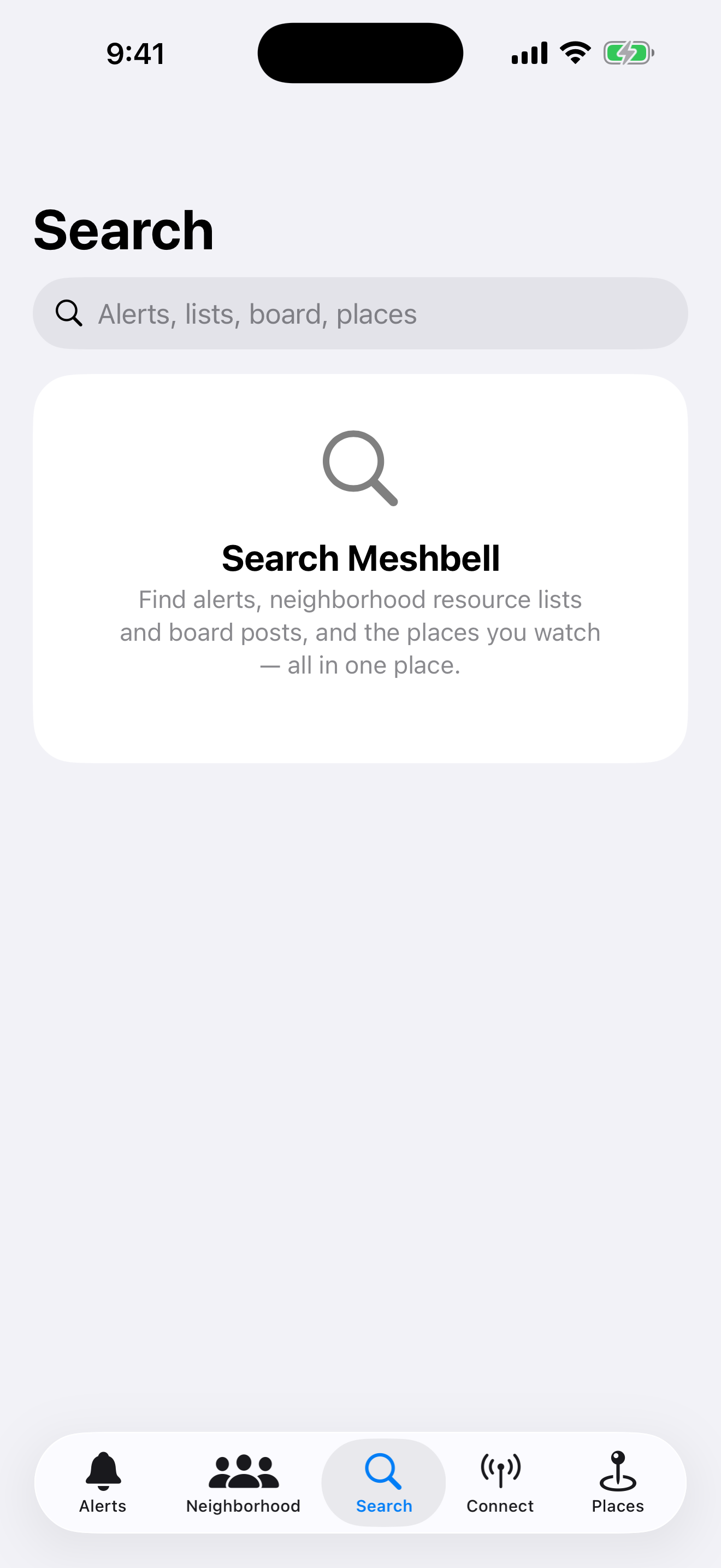 The Search tab: one field returning results across alerts, resource lists, the board, and watched places.